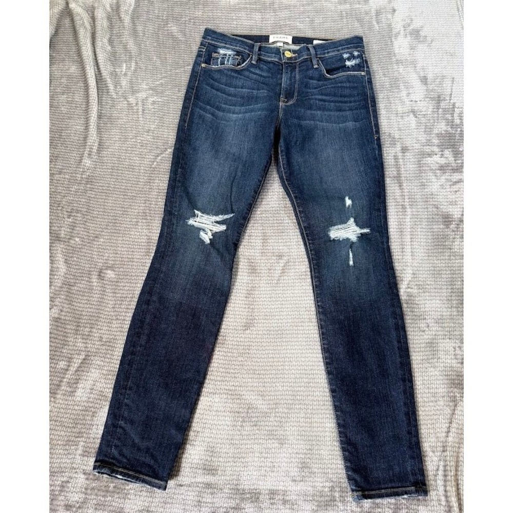 FRAME Denim Le Skinny de Jeanne Distressed Jeans Dark Wash Size 28X29 Skinny Leg
